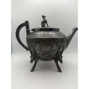 Antique Wilcox Silver Plate Teapot #1874 Stag Deer Legs Hound Dog Finial